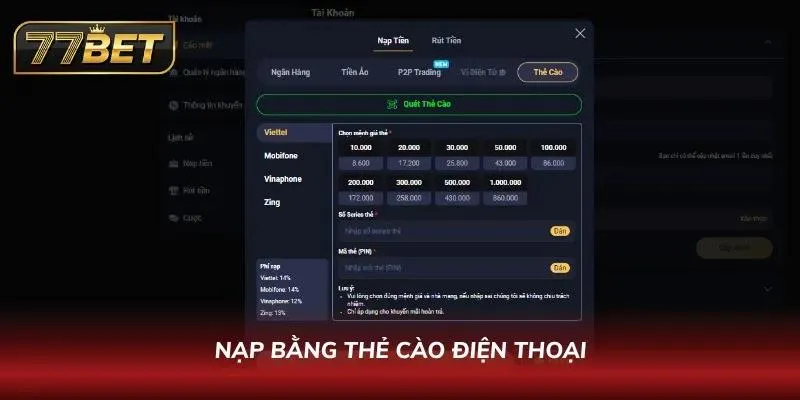 Giao diện nạp thẻ hiển thị rõ nhà mạng cùng mệnh giá hỗ trợ