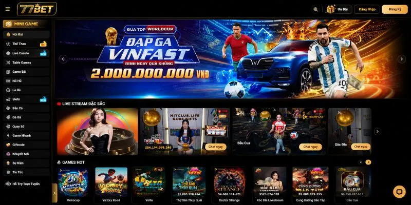 77BET cung cấp cá cược thể thao, casino trực tuyến và nhiều trò chơi giải trí trực tuyến